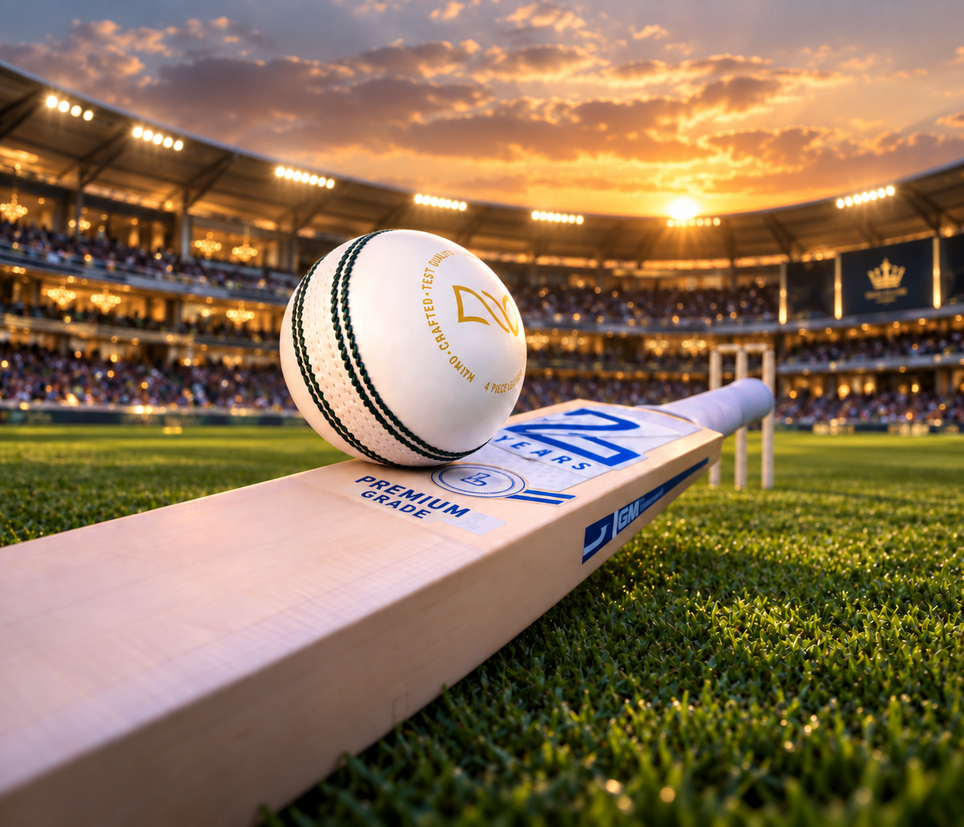 Premium cricket bat and ball at sunset